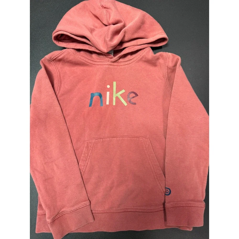 Nike Kids Pullover Hoodie Coral Pink Graphic Fleece Sweatshirt Size XS 0371